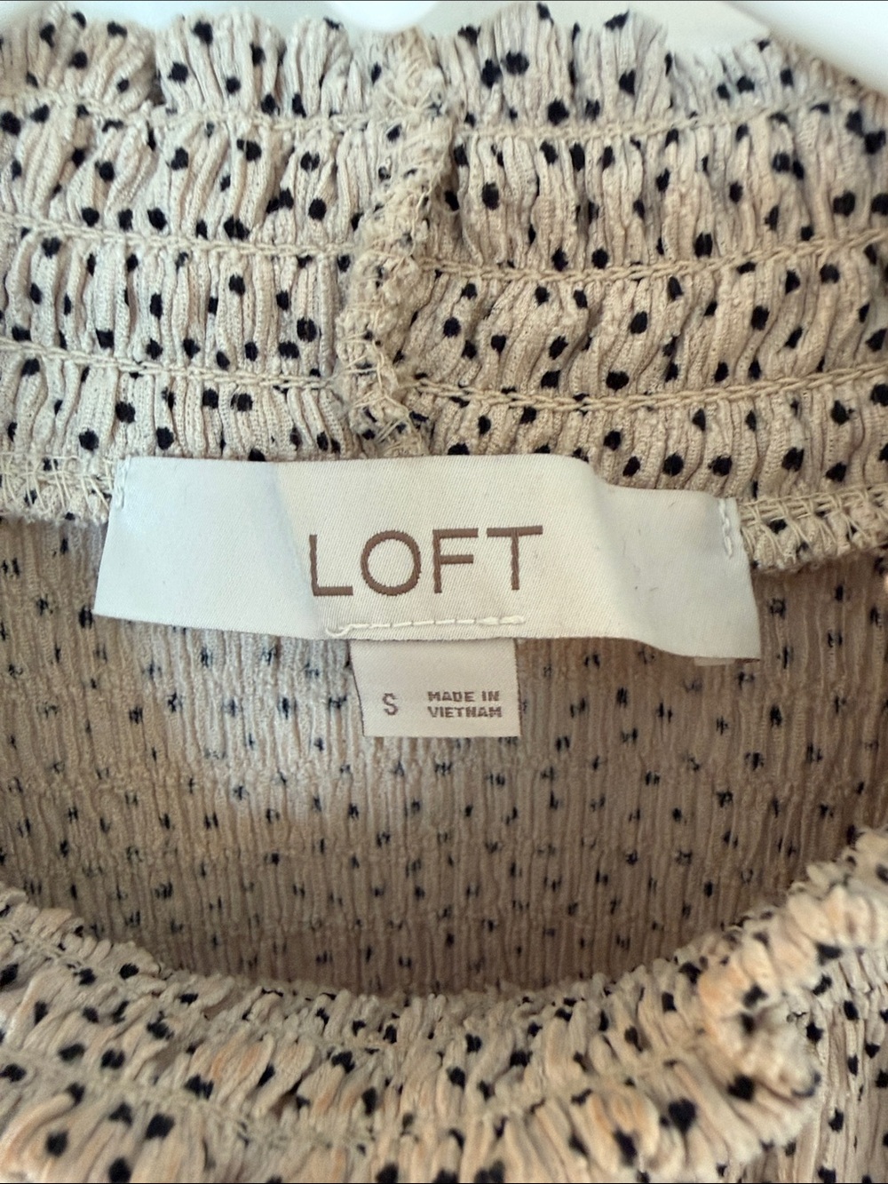 LOFT Beige Blouse with Black Dot Print and Smocked Neck - Picture 3 of 4